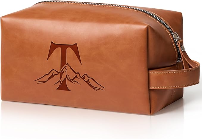 Personalized Gifts Travel Toiletry Bag for Men Engraved Initial PU Leather Waterproof Shaving Bag for Toiletries Accessories Fathers Day Birthday Gift for Men Dad Husband Son, Light Brown T
