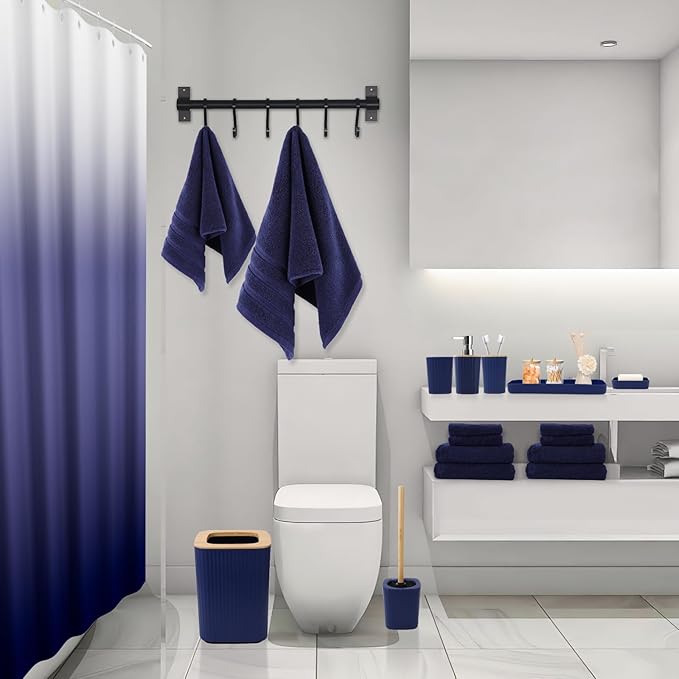Navy Blue Bathroom Accessories with Bath Towels Ombre Shower Curtain, Blue Bathroom Setwith Trash Can,Toothbrush Holder,Toothbrush Cup,Soap Dispenser,Soap Dish,Toilet Brush and Qtip Holders
