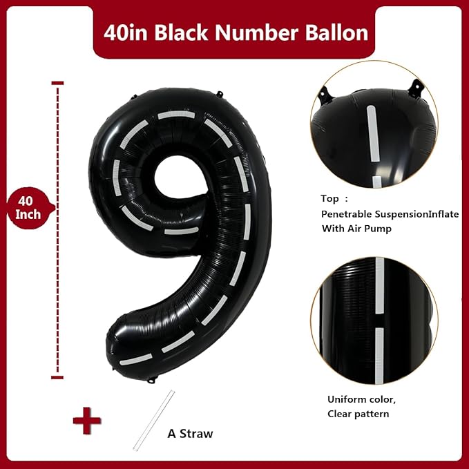 40 Inch Race Car Black Number Balloons Race Car Birthday Party Balloons Large Black Number 9 Balloons Boys 9th Birthday Party Race Car Theme Party Decorations Supplies（Digital 9）