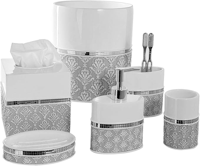 Creative Scents Mirror Damask White and Gray Bathroom Accessories Set - 6 Piece Bathroom Accessory Set Includes: Trash Can, Tissue Box Cover, Soap Dispenser, Soap Dish, Toothbrush Holder & Tumbler