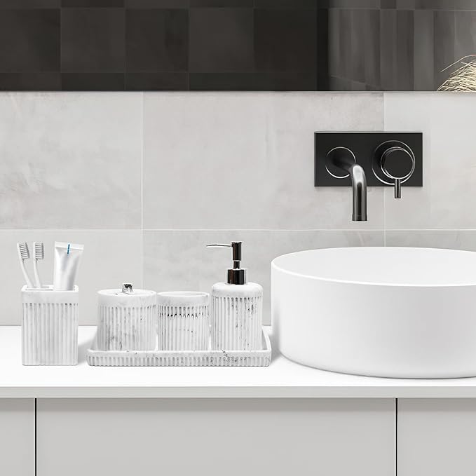 Resin White Marble Bathroom Accessories Set 5 Pcs, Lotion Soap Dispenser, Toothbrush Holder, Bathroom Tumbler, Qtip Holder and Vanity Tray, Bathroom Countertop Organizer Set for Home Apartment
