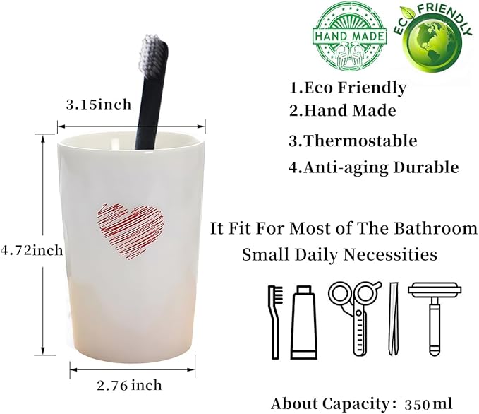 Kelake White Ceramic Tumbler Cup for Bathroom Toothpaste Toothbrush Holders Water Milk Drinks Cup 350 ml Bathroom Red Heart Couples Cup for Christmas Birthday