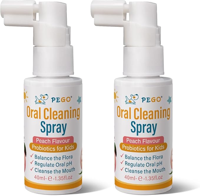 PEGO Kids Oral Spray, Toddler Toothpaste Helper for Cavity Prevention and Fresh Breath, Children Anticavity with Fluoride Free for Newborn to Preschoolers, Kid's Mouth Spray (40ml*2, Peach)