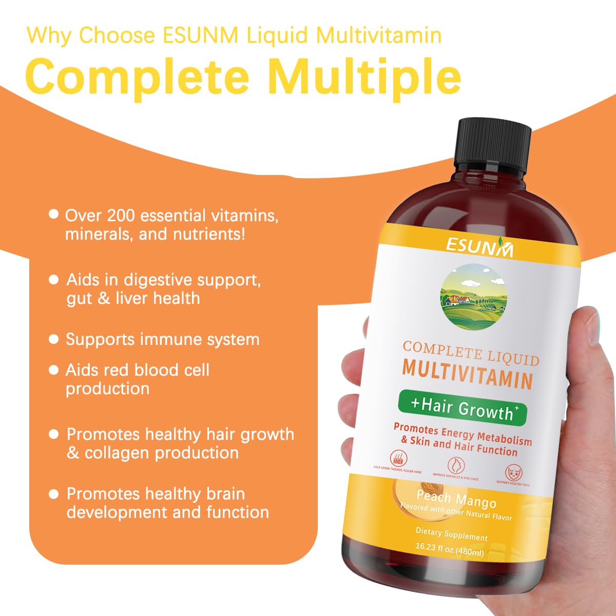 Complete Liquid Multivitamin + Hair Growth, Promotes Energy Metabolism& Skin and Hair Function| Vitamin C D | B Vitamins | Help to Thicker Hair, Wrinkles, Fine Lines, Skin Care (16.23OZ)