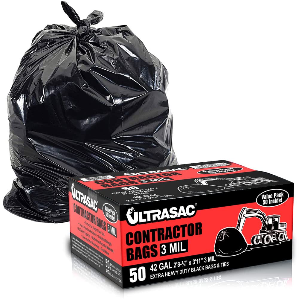 Ultrasac Contractor Bags, 42 Gallon, 32.75" X 47" - 3 MIL Thick Large Black Trashbags for Construction and Commercial use - (1 Pallet of 112 Cases, 5600 Bags Total), 50 Ct. (719963)