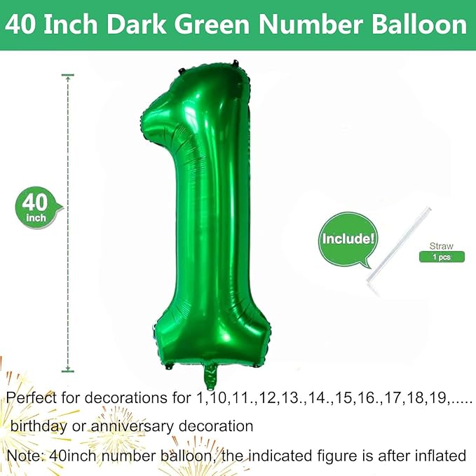 Green Number Balloons, 40 Inch Dark Green Balloon 1.1 Helium Balloon 1st Birthday for 1 Years Birthday Party Wedding Anniversary Decoration Children Girls Boys