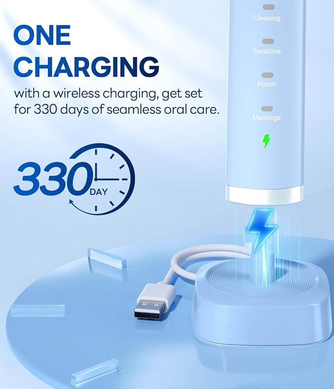 Bymore 8 Replacement Heads Electric Toothbrush for Adults, Ultra Clean Rechargeable Sonic Toothbrush Portable - Sky Blue