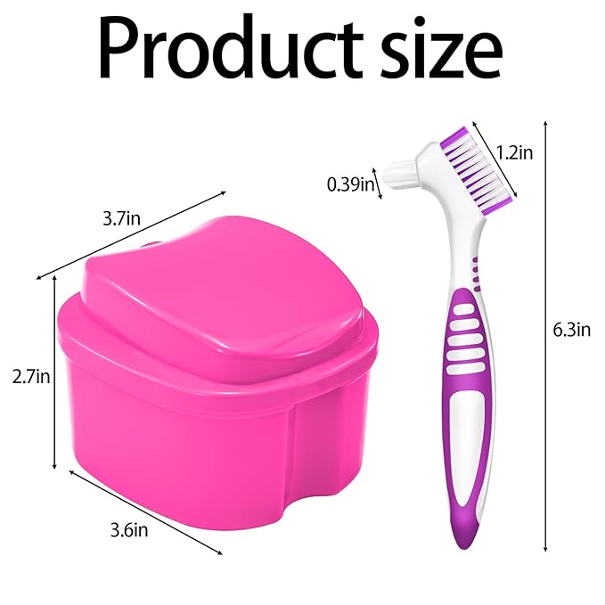 Denture Cup Retainer Cleaning Case False Teeth Soaking Container with 2 Brushes, Dental Retainer Cup Holder Case Denture Soaking Storage Box Case - White & Rose Red