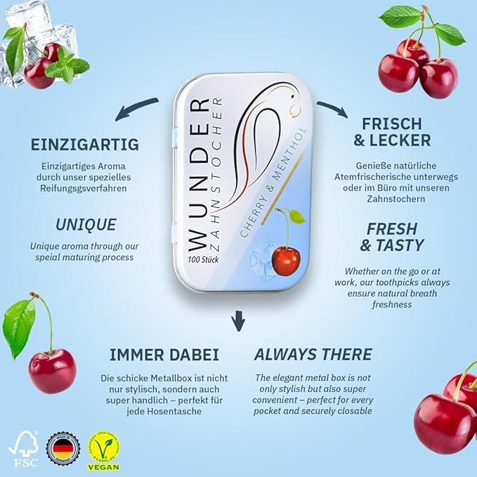 Wonder Toothpick - Flavoured toothpicks - Chewing Gum Plastic-Free - Stop Nail Biting - Fresh Breath with Flavoured toothpicks - Teeth Cleaning to go - Sugar-Free, Vegan (Cherry/Menthol)
