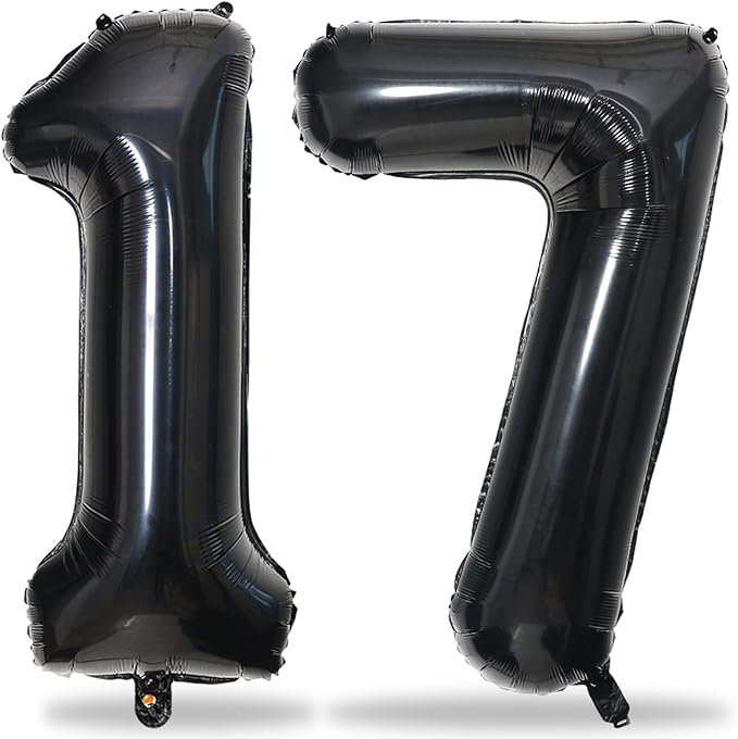 Black Number 17 Mylar Foil Balloons, 40 Inch Giant Black 17th Birthday Balloons for Boys Girls, Black Number 1 & 7 Helium Balloon for Women Men 17th Anniversary Party Decorations Supplies