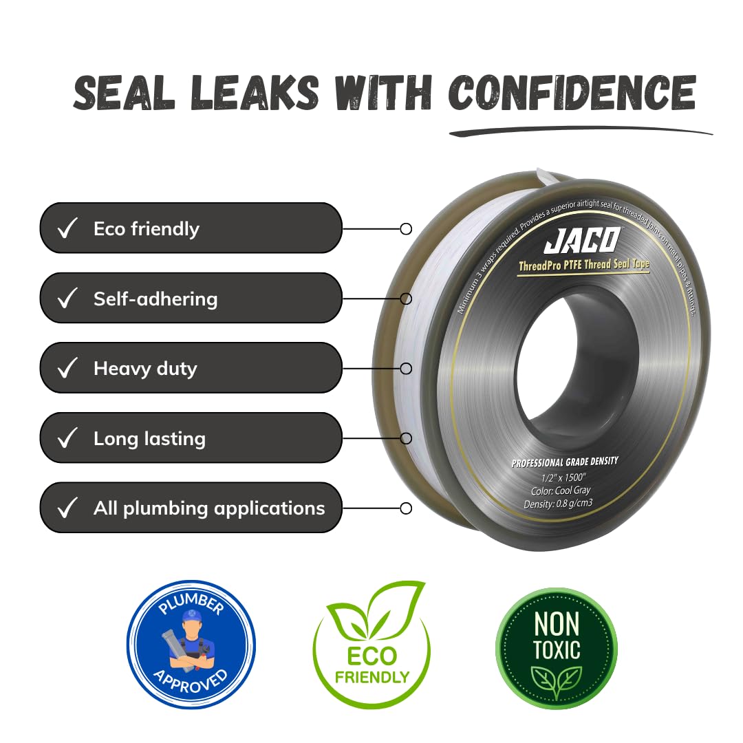 JACO ThreadPro High-Density Thread Seal Tape - 1/2" x 125 ft. (Mega Roll) | Professional PTFE Pipe Sealant | Plumbers Tape (3-Pack)