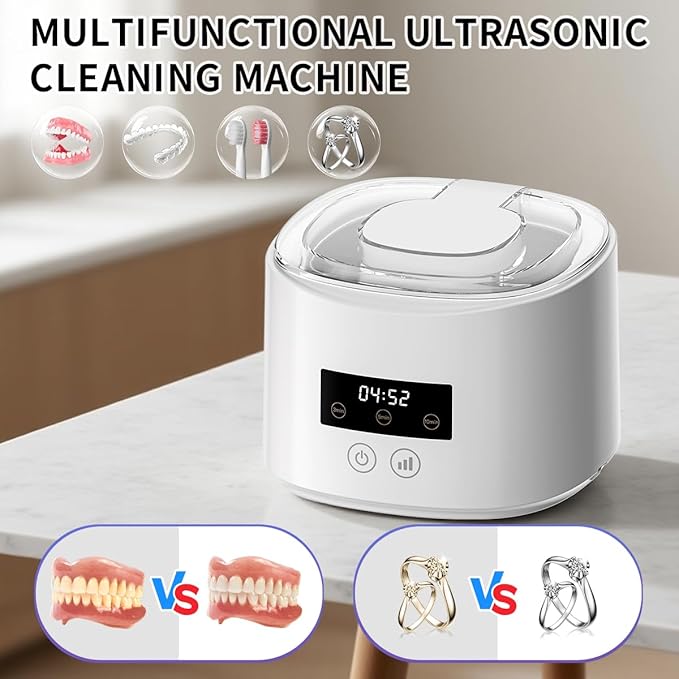 Ultrasonic denture cleaner, Retainer Cleaner Machine for Dentures, Mouth Guards, Braces, Toothbrush Heads, Jewelry, 45kHz Retainer Cleaning, 3 Modes for All Denture Appliances (White)