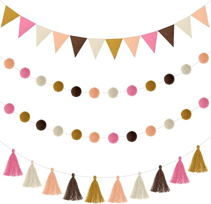 Irenare 9.8ft Pom Pom Garland Felt Rainbow Garland Graduation Party Decoration Colorful Pennant Tassel Banner Birthday Baby Shower Triangle Banner for Classroom School Mantel Fireplace(Boho Color)