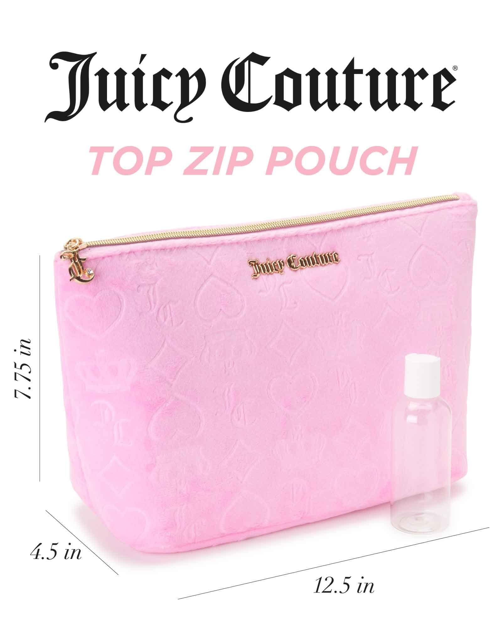 Juicy Couture Pink Makeup Bag Cosmetics Organizer Travel Essentials Zip Top Wedge Velour Heart Crown