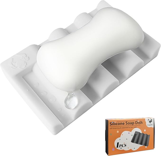 Silicone Soap Dish, Self Draining Soap Holder Perfect for Shower, Bathroom Sink, Kitchen Sink & Travel, Non-Slip Bar Soap Holder Extend Soap Life, Keep Soap Bars Dry Clean & Easy Cleaning (White-1PCS)