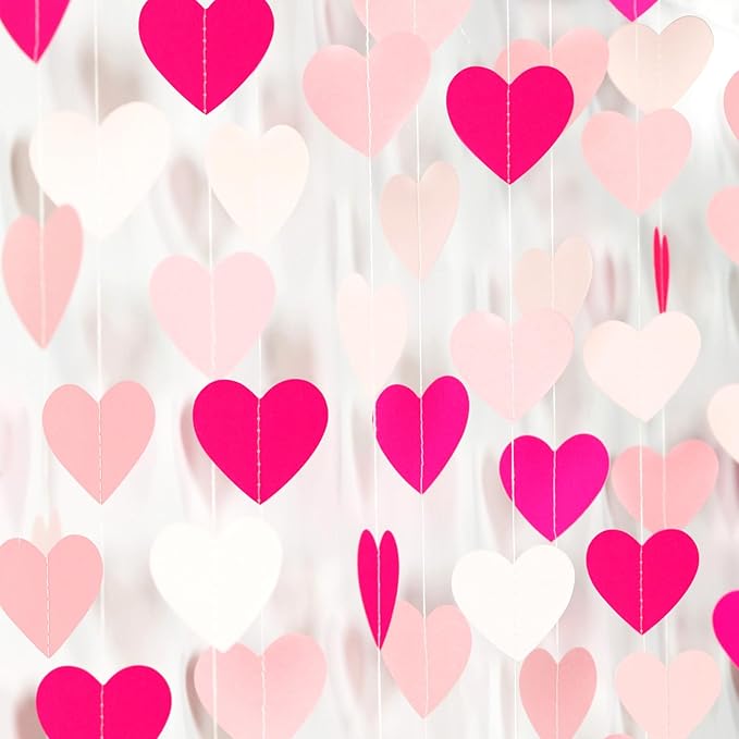 Hot-Pink Valentines-Day Party-Decorations Heart Garland - 52Ft Proposal Special Night Galentines Wedding Paper Streamers Banner, Girl Birthday Engagement Bachelorette Decor Lasting Surprise