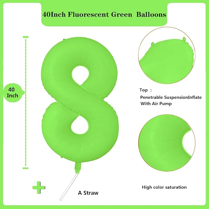 Fluorescent Green Number Balloon 40 inch Giant Foil Helium Balloons Green Number 8 Balloon for 8th Birthday Party Decorations