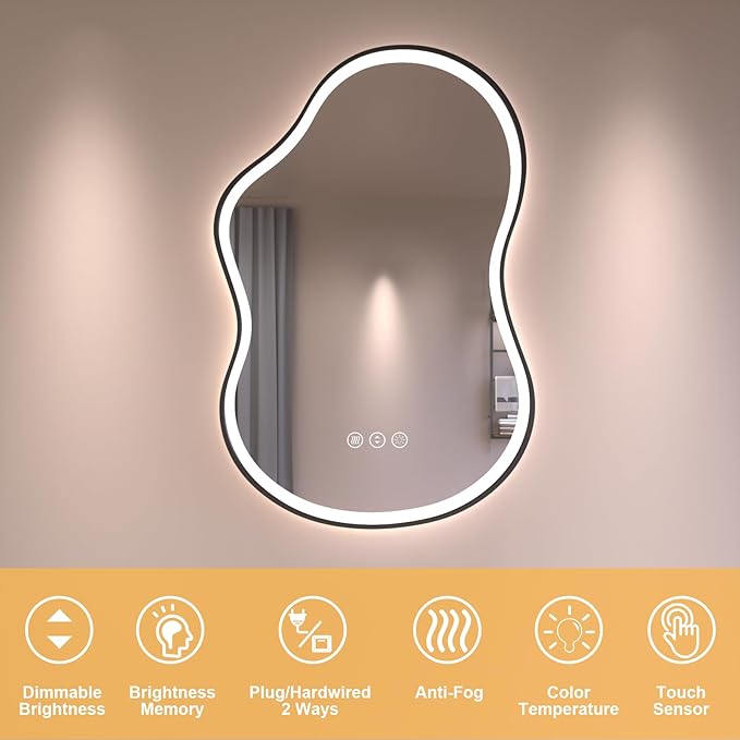 WTTY LED Irregular Bathroom Mirror 24x36 Inch with Front & Back Lights - Asymmetrical Design, Anti-Fog, Dimmable 3 Color Temperatures, Shatterproof Glass, Horizontal or Vertical Mount (Black Frame)