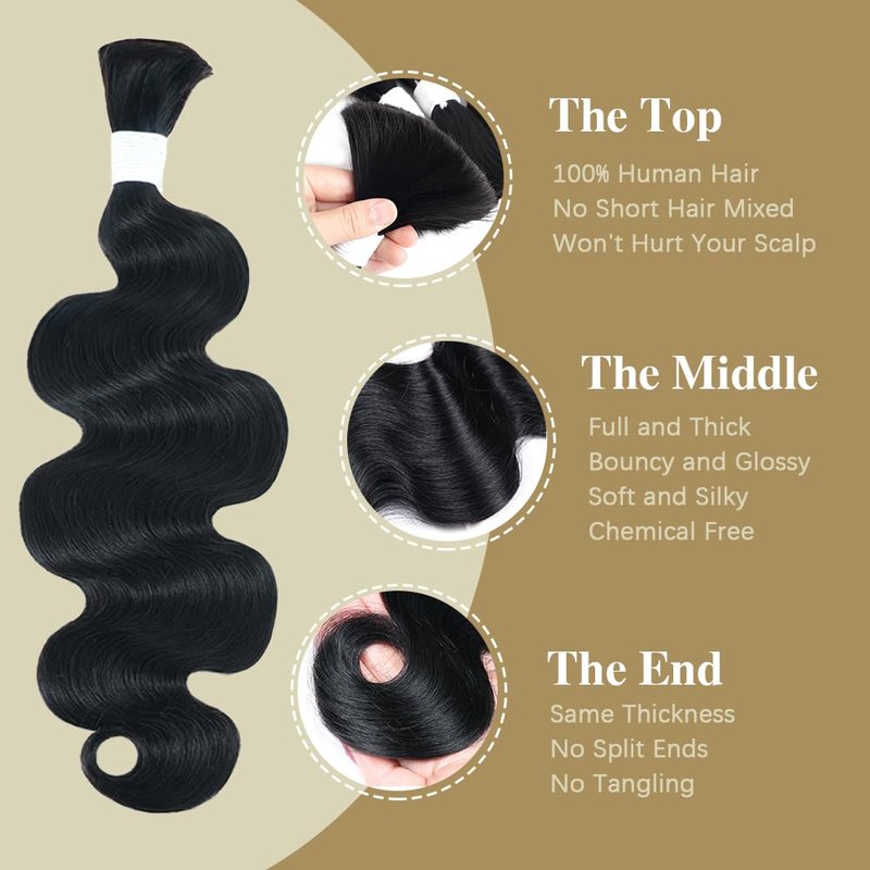 Body Wave Bulk Human Hair For Braiding No Weft Boho Braids Human Hair Brading Hair Extensions 100g One Bundle Wet and Wavy Human Braiding Hair For Boho Braids Natural Black(16inch, Natural Black)
