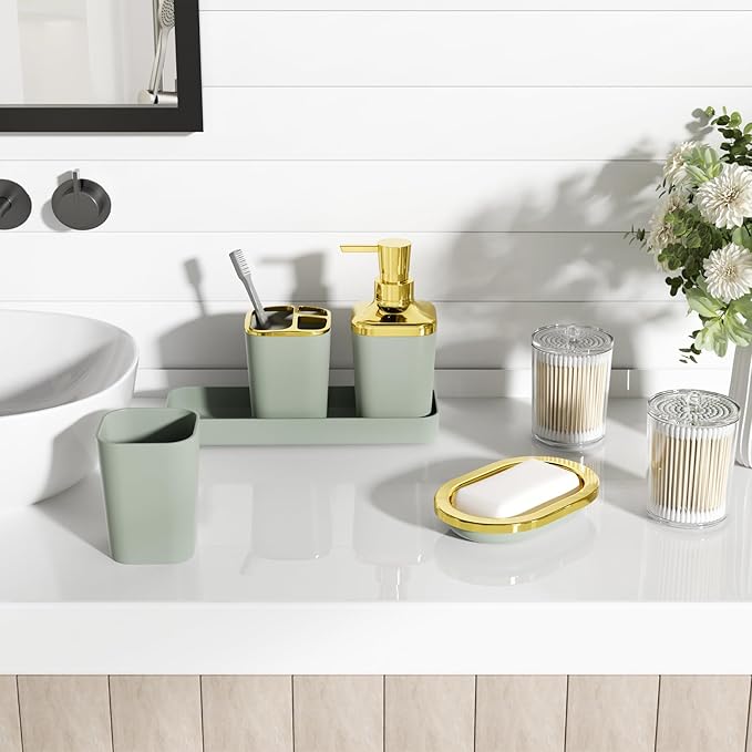 Bathroom Set - Sage Green Bathroom Accessories Set, Bathroom Sets with Shower Curtain and Rugs, Sage Green Shower Curtain Set with Bathroom Trash Can, Soap Dispenser, Soap Dish for Home Decor