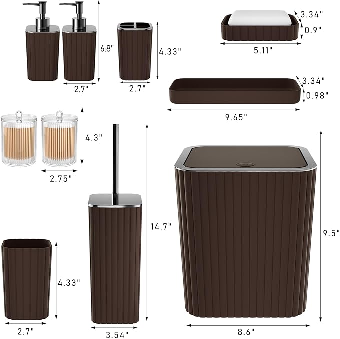 Bathroom Accessories Set - Gorgeous Bathroom Set, 10PC Brown Bathroom Accessories, Bathroom Accessory Set, Toilet Brush, Trash Can, Qtip Holder Dispenser & Soap Dispenser