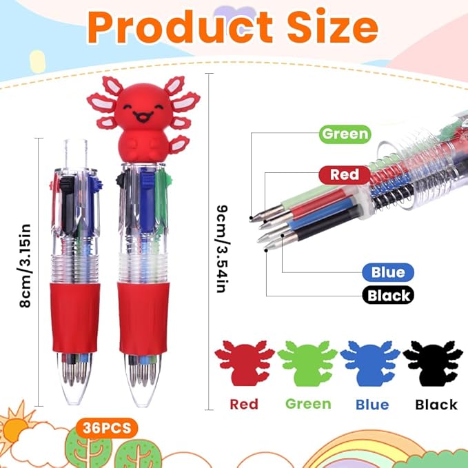 36pcs Fun Party Favor Pens Axolotl Mini Multicolor Pens in One 4-in-1 Bulk Kawaii Axolotl Cute Writing Stationery for Birthday Gifts Party Favors Supplies Rewards Holiday Gifts