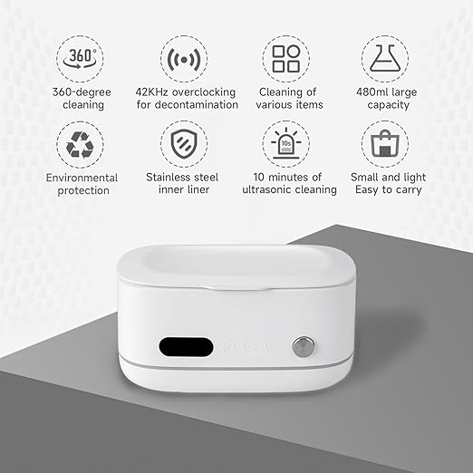 Powerful Ultrasonic Cleaner for Jewelry, Eyeglasses, Watch & Brushes, 480ML Stainless Steel Tank, Portable Design, Fast Clean for Ring, Earring, Bracelet & Necklace, with Smart Timer & Degas Function
