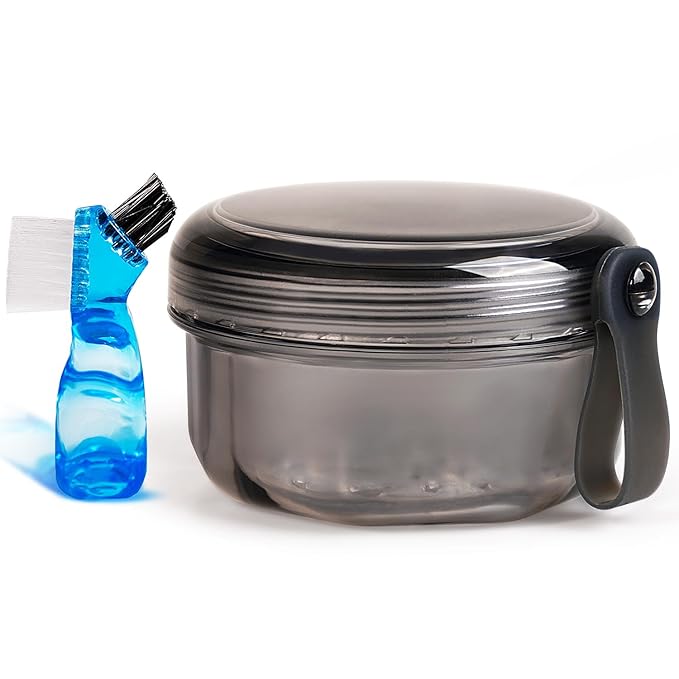 Leakproof Denture Case Denture Soaking Cup False Teeth Container, Dental Denture Bath Holder Storage Box Retainer Cleaner Case for Traveling - Leak Proof and Lid Waterproof - Transparent Black