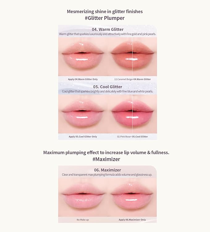 Heart Percent Dote On Mood Top Coating Lip Plumper, High-Shine Glossy Finish Gold & Pink Pearl Sparkles Lip Gloss 04. Warm Glitter