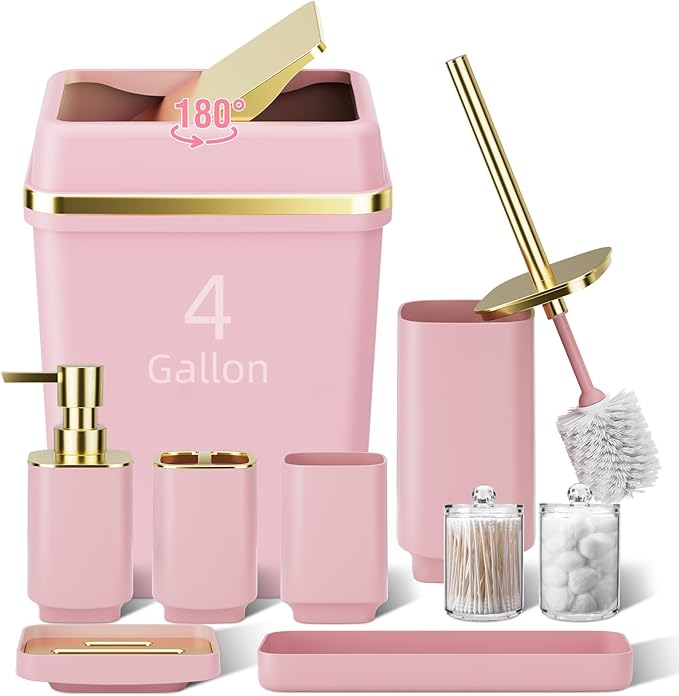 9PCS Bathroom Accessory Set, Pink Bathroom Set with Large-Capacity 4 Gallon Trash Can, Bathroom Accessories Set Complete, Toothbrush Holder, Soap Dispenser, Toilet Brush, Bathroom Decor