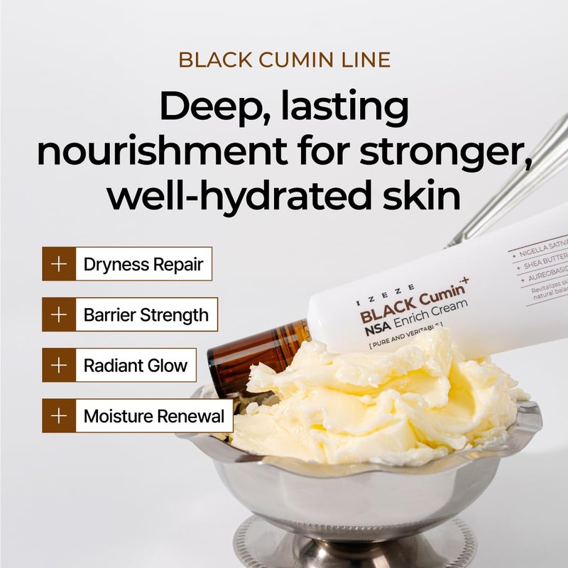 IZEZE BLACK Cumin NSA Enrich Cream | Thick Face Moisturizer, Korean Barrier Cream, Ultra Hydrating, Smoothing, Skin Texture Treatment, Shea Butter, Panthenol, Day and Night, 1.69 fl.oz
