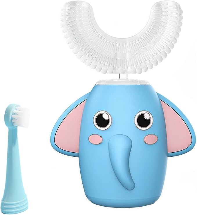 SNOWROSE Kids Electric Toothbrush U-Shaped Ultrasonic IPX7 Waterproof Design with 2 Brush Head 3 Modes, 360° Full Mouth Cleaning Automatic Children Toothbrush for 2-12 Years Old (Blue, 2-12 Age)