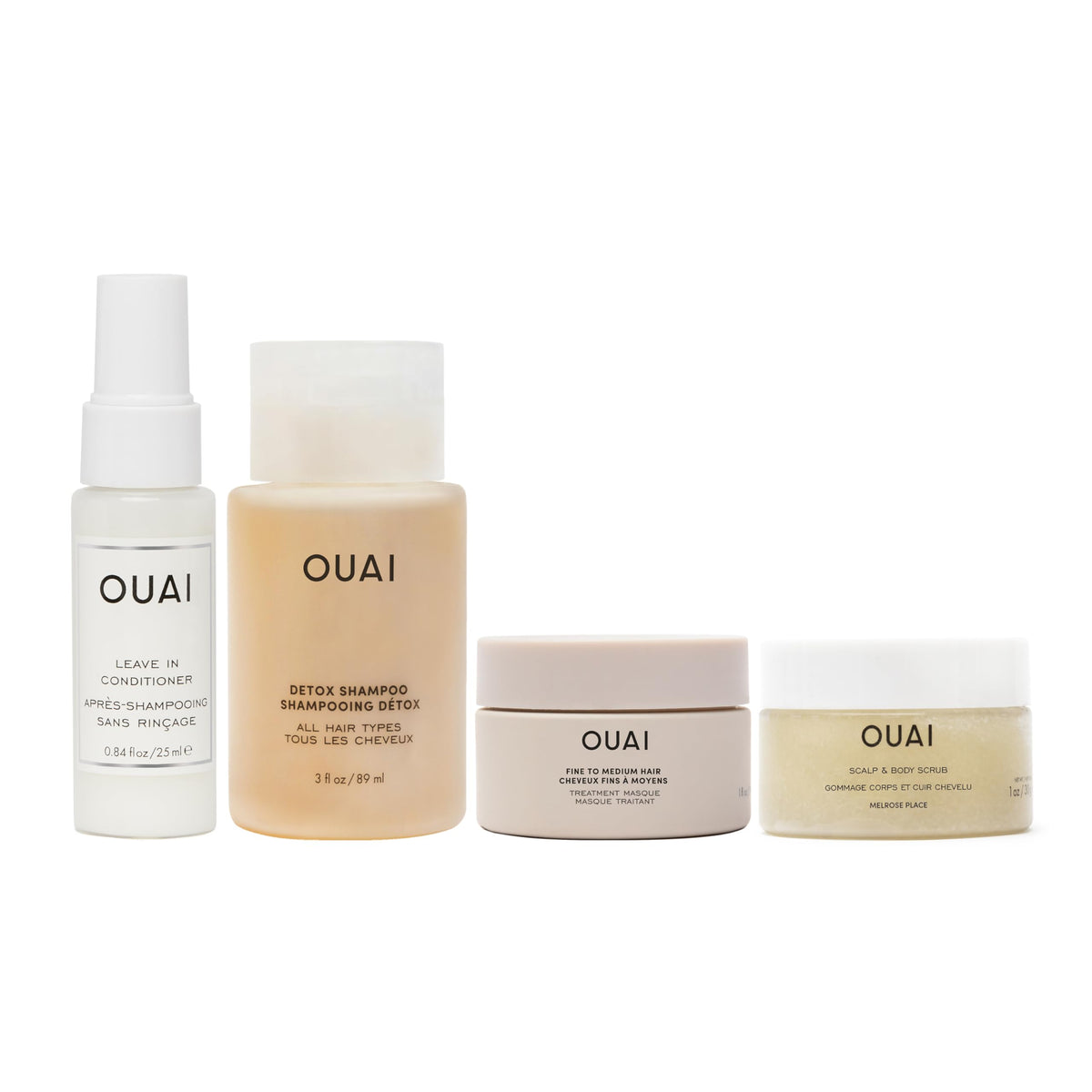 OUAI Travel Kit - Includes Travel Size Leave In Conditioner, Detox Shampoo, Thick Hair Mask, Scalp & Body Scrub (4 Count)