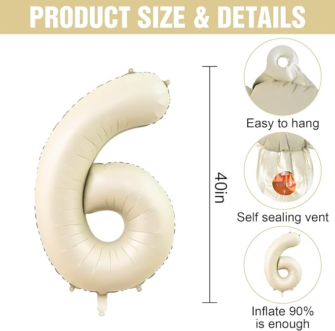 Number 6 Balloon Beige,40 Inch Large Cream Foil 6 Helium Balloons for Boys Girls Birthday Anniversary Decorations