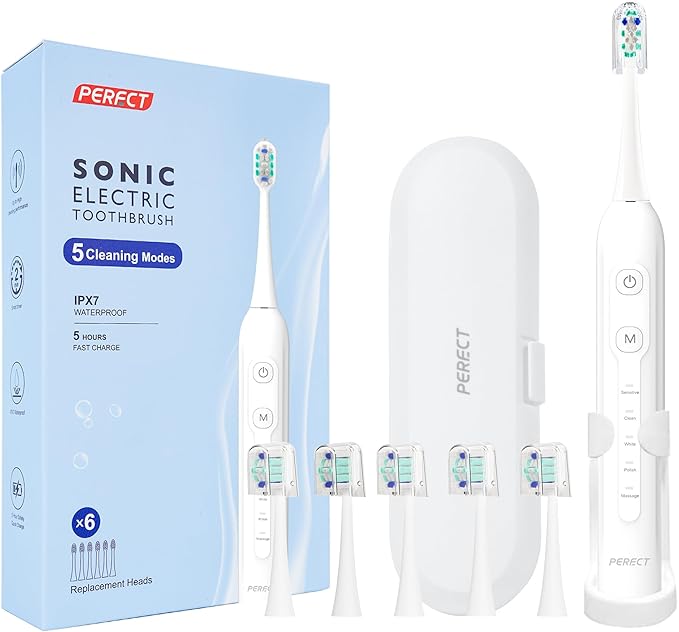 PERECT Sonic Electric Toothbrush for Adults & Kids with 6 Brush Heads, 1 Charge for 90 Days, IPX7 Waterproof, 5 Modes with 2 Minutes Smart Timer, Travel Case & Dental Soft Picks, White,Adult