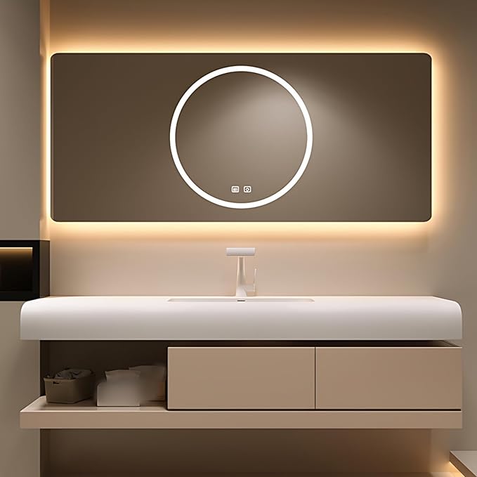 44IN Bathroom Vanity with Sink - Bathroom Cabinet Set has 2 Drawers & Overflow Hole Wall Mounted | LED Practical Defogging Mirror, Open Compartments, Seamless Rock Slab Basin (Khaki)