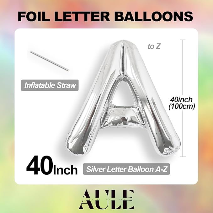 AULE 40 Inch Big Letter Balloon Silver F Large Foil Helium Alphabet Balloons A-Z for Birthday Anniversary Graduation New Year Party Decoration Supplies