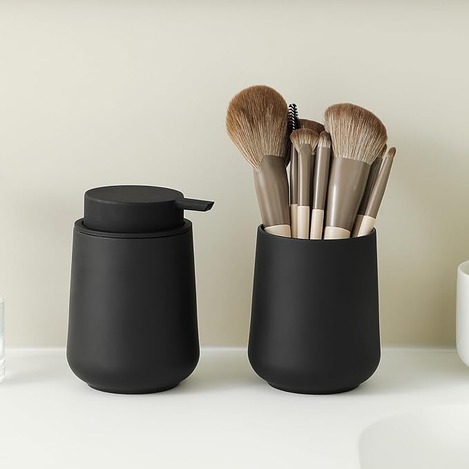 Matte Black Bathroom Accessories 2 Piece Set Plastic Soap Dispenser and Toothbrush Holder for Modern Bathroom Decor