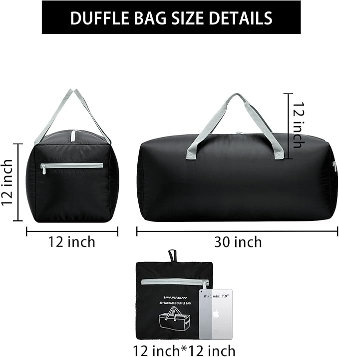 iFARADAY Foldable Duffel Bag 30" / 75L Lightweight with Water Rresistant for Travel-Black