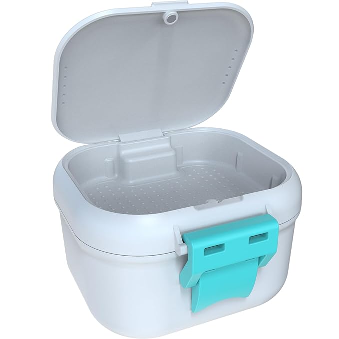 ARGOMAX Leak Proof Denture Bath Cup, Portable Soaking Denture Box, Denture Bath Case with Strainer, for Dentures and Braces, Upgraded Version with Storage Compartment (White + Cyan).