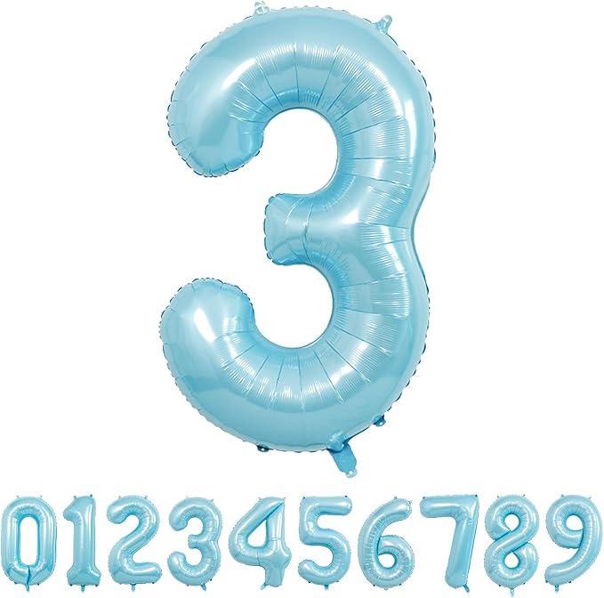 40 Inch Light Blue Number 3 Balloons - Helium Mylar Foil Number Balloons for Birthdays, Boy Baby Shower & Wedding Decorations