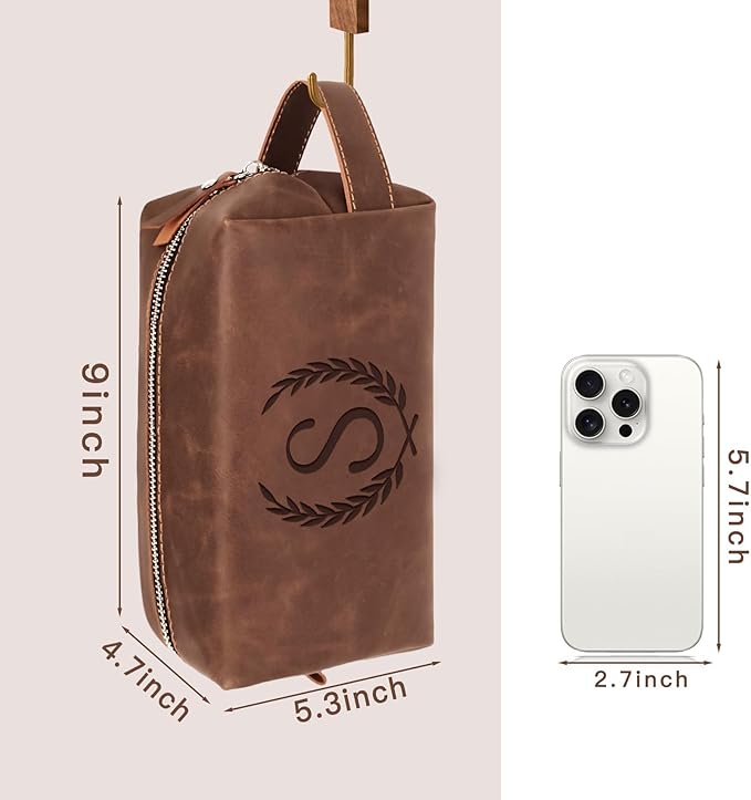 Personalized Gifts Travel Toiletry Bag for Men Engraved Initial PU Leather Waterproof Shaving Bag for Toiletries Accessories Fathers Day Birthday Gift for Men Dad Husband Son, Reddish Brown Z