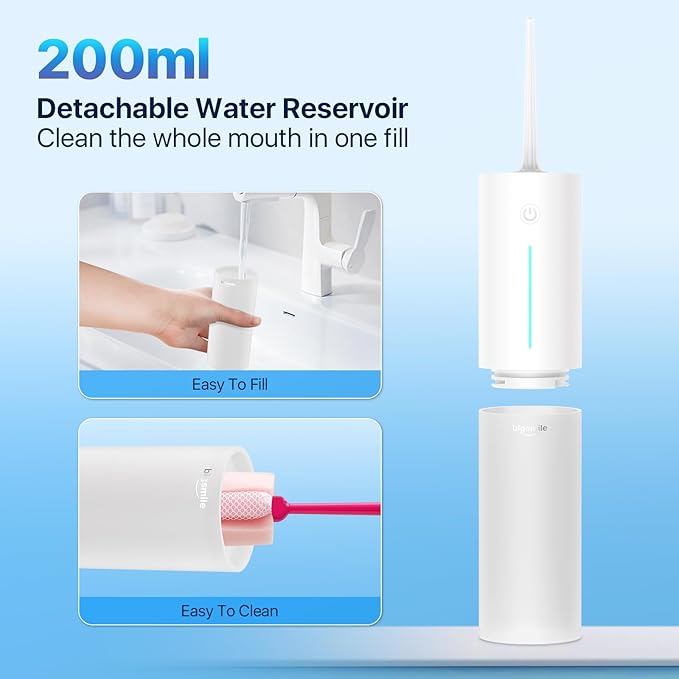 Bigsmile Water Dental Flosser, Portable Cordless, 200ML, Rechargeable, IPX7 Waterproof, Effectively Keep Mouth Clean and Healthy (White)