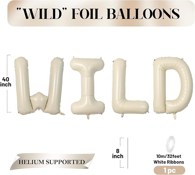 Biapian 40 Inch WILD Letter Balloons, Big Beige WILD Foil Balloon, 4 Pcs Ivory Sand White Giant Alphabet Foil Aluminum Balloon Helium for Kids Boys Girls Birthday Baby Shower Wild Party Decoration