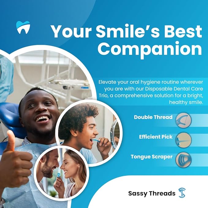 3-in-1 Complete Dental Care Set: Double Thread Floss Picks, Toothpicks, and Tongue Scraper - Your Oral Hygiene Solution with Disposable Floss Sticks for On The Go or Travel