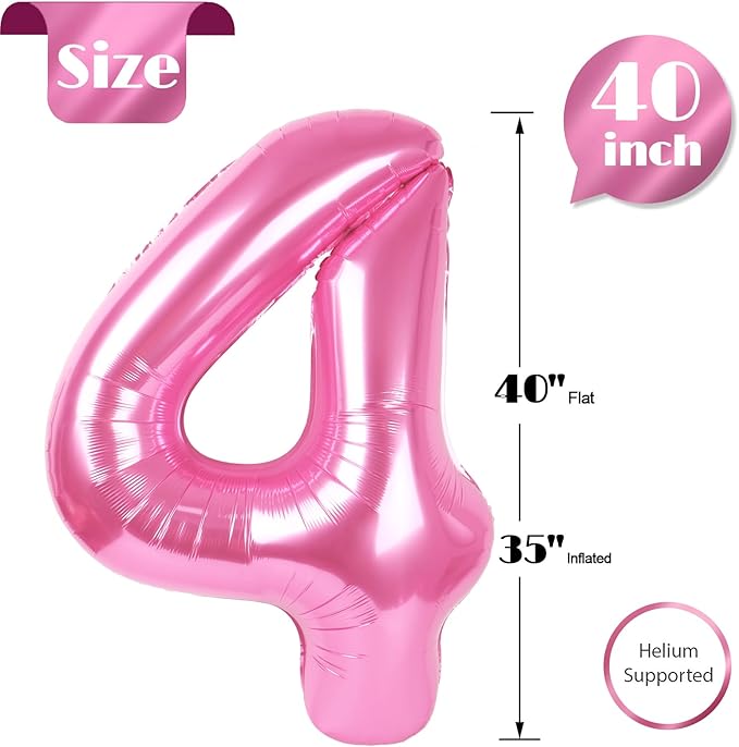 Pink Number 4 Balloon 40 Inch, 4 Balloon Number, 4th Birthday Decorations, Pink Party Supplies for Boys Girls