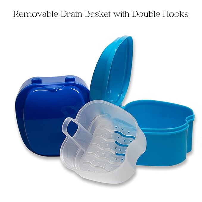 5PCS Denture Bath Case Cup Kit Denture Brush Kit Denture Cleaning Tools with 3 Denture Brushes and 2 Denture Storage Cases with Strainer Basket and Lid, Light Blue and White