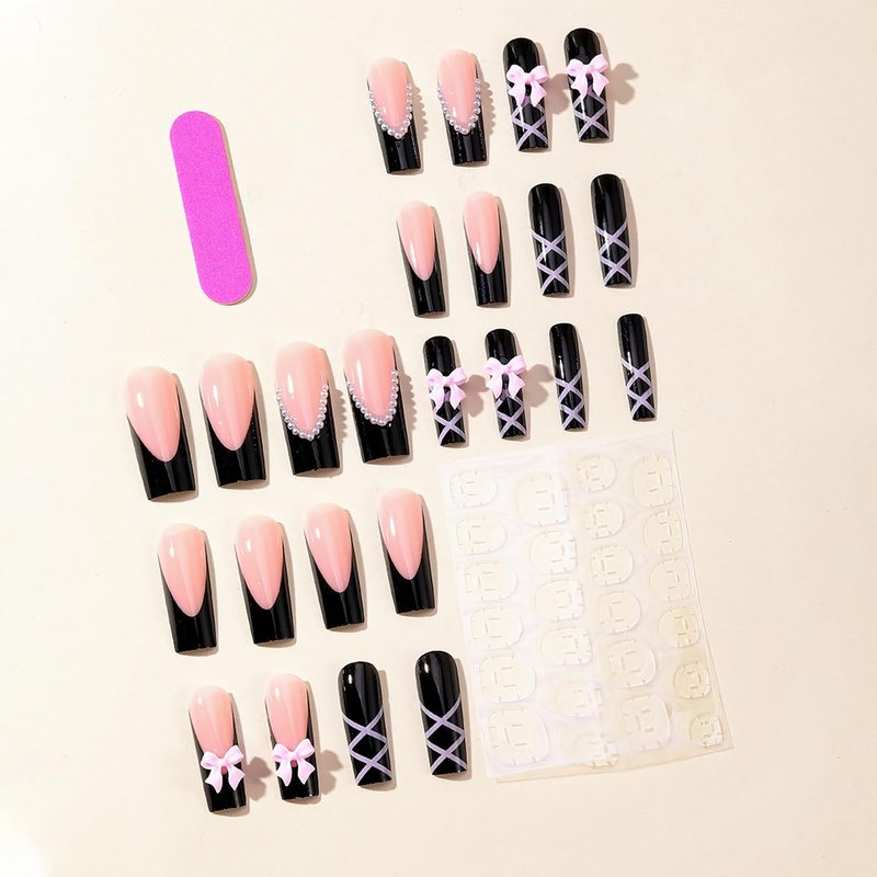 Press on Nails Long Square Summer Fake Nails Pink Full Cover False Nails with Cute 5D Heart Bear Charm Designs Glossy Glue on Acrylic Nails for Women Girls 24 Pcs