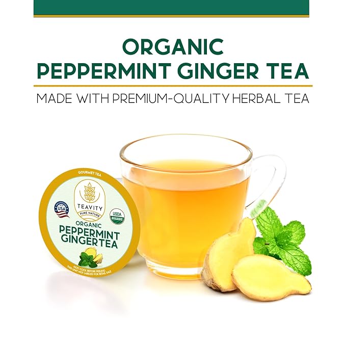 Organic Ginger Tea Pods for Keurig with Organic Peppermint Tea - Decaf Tea for K Cup Brewing Peppermint Ginger by Teavity (36 Tea Pods)