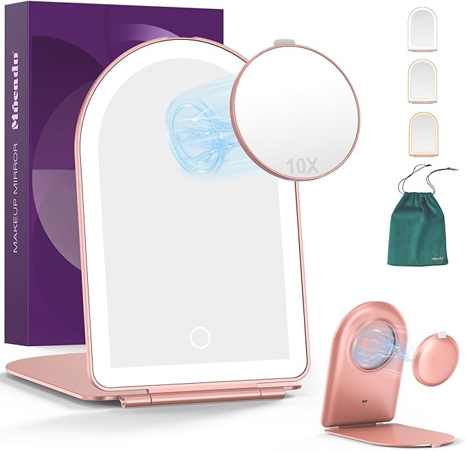 Mocado Travel Makeup Mirror with Light, 1x/10x Magnifying Mirror with Light, 3 Colors Lighted Magnifying Mirror, 2000mAh Rechargeable Lighted Makeup Mirror, Memory Function (Arched-Rose Gold)